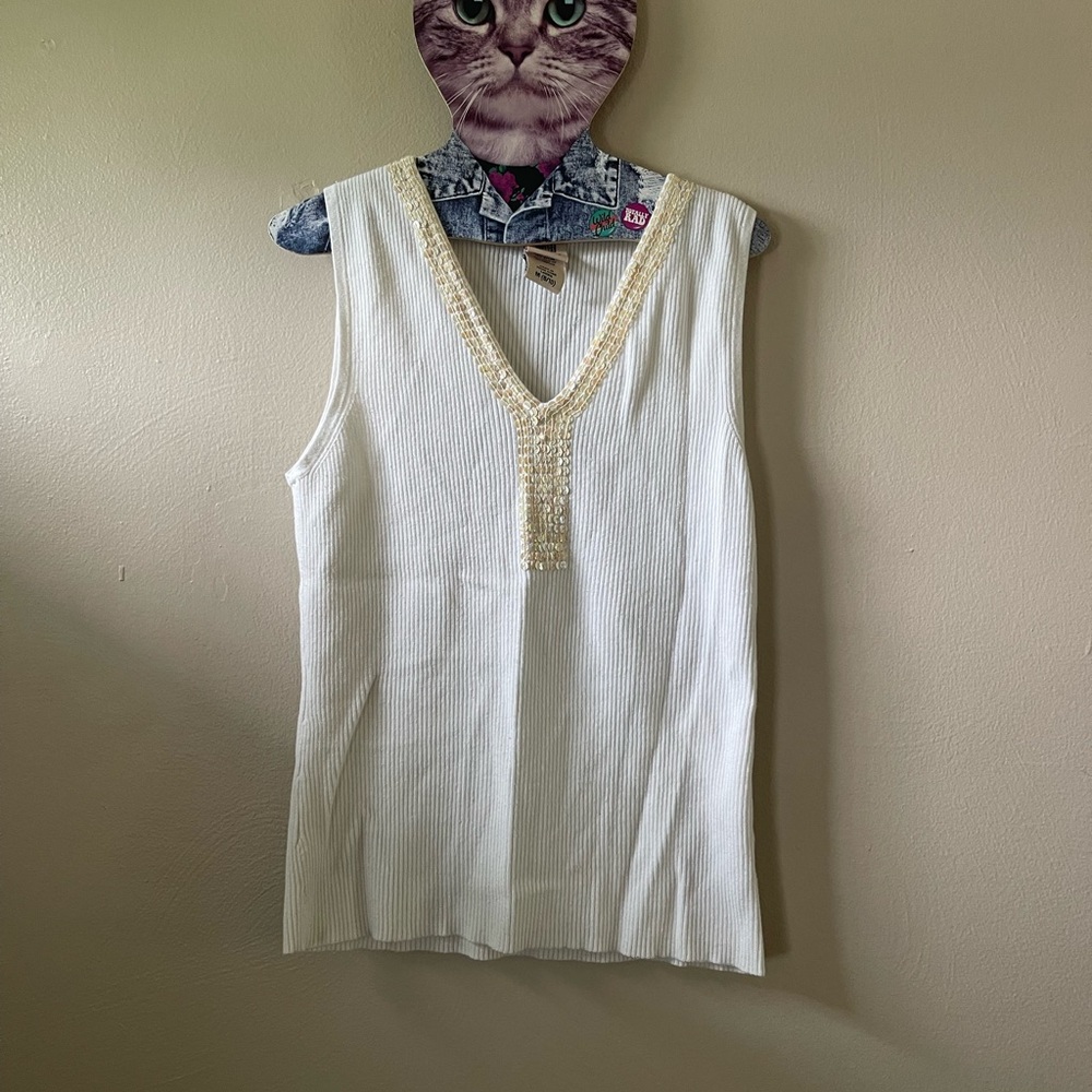 Vintage Faded Glory Cream Ribbed Fitted Tank Top
